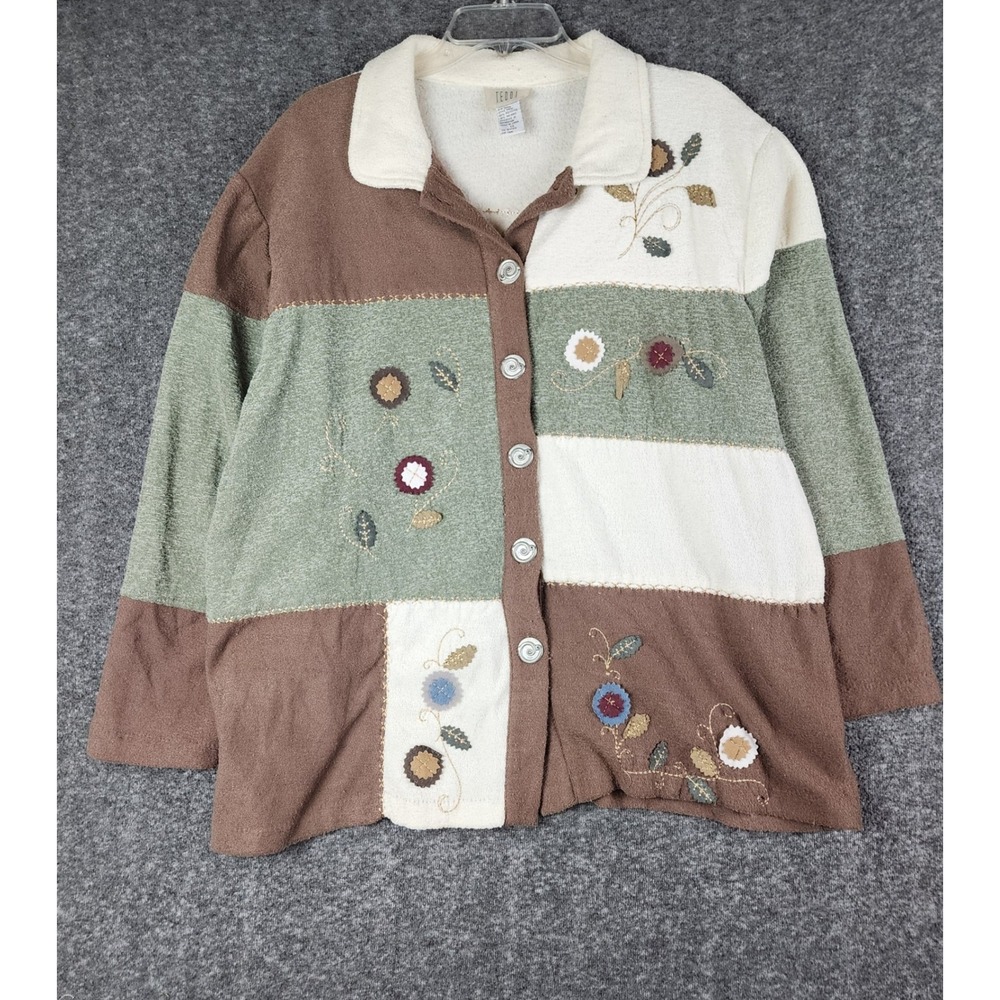 Teddi Cardigan Jacket Women 1X Brown Green Floral Embroidered Button Up Vintage
